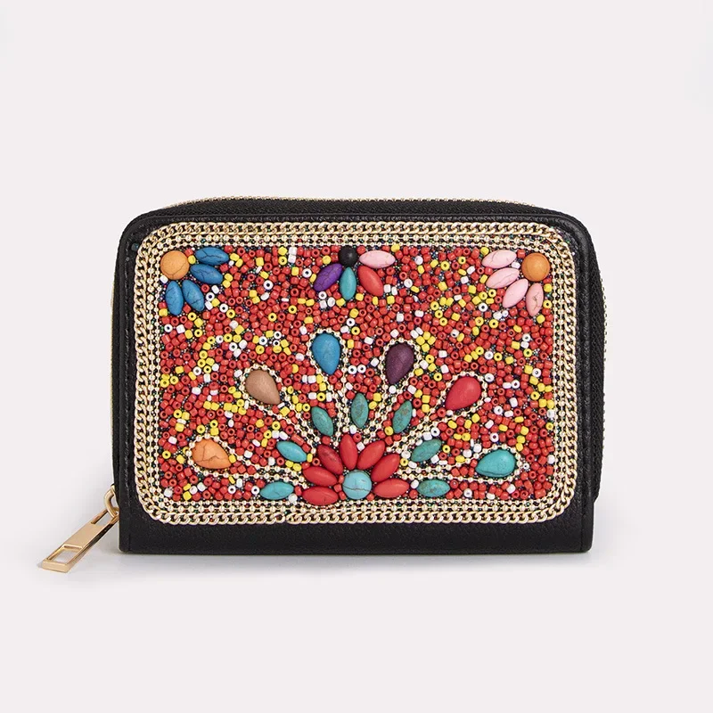 Bohemian Style Coin Pouch for Women Luxury Mini Beading Purse Butterfly Flowers Zipper Card Bag Cute Stone Sqaure Wallet Cartera