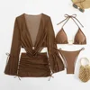 Brown Halter String Triangle Bikinis Sets 4 Piece Mesh Smock Cover Ups Swimwear Metal Ring Sexy Swimsuit Women Beachwear Biquini