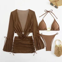 Brown Halter String Triangle Bikinis Sets 4 Piece Mesh Smock Cover Ups Swimwear Metal Ring Sexy Swimsuit Women Beachwear Biquini