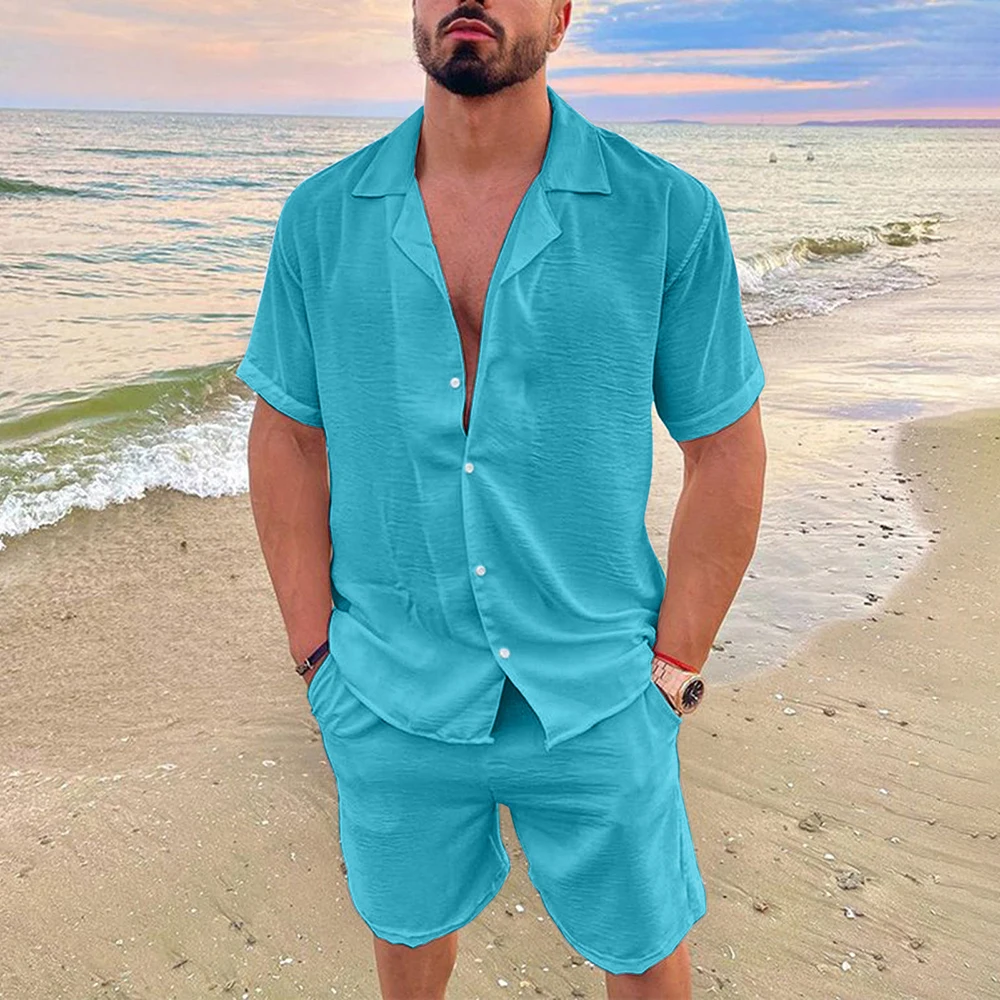 Solid Color Cotton Linen Hawaiian Shirt Set Men Summer New Vacation Fashion Lapel Casual Short Sleeve Top Shorts 2pcs Set
