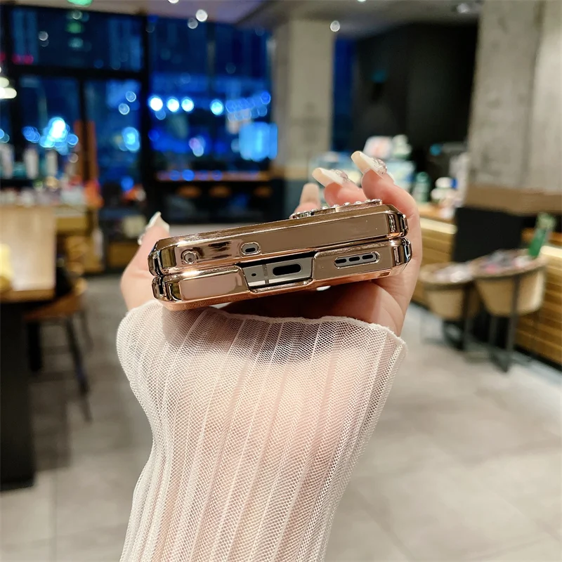 Rhinestone Glitter Bling Pu Leather Trim Phone Case For OPPO Find N3 Flip Hinge Plating Plastic Back Cover