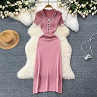REALEFT 2024 New Summer Women's Polo Knitted Dresses Colorblock Elegant Short Sleeve Buttons Bodycon Wrap Dress Female - Image 6