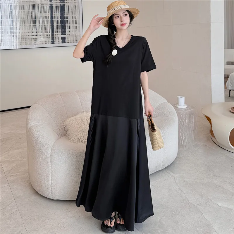 

European American Style Vneck Patchwork Fake Two Piece Loose Summer Dress Office Lady Work Dress Fashion Women Casual Long Dress