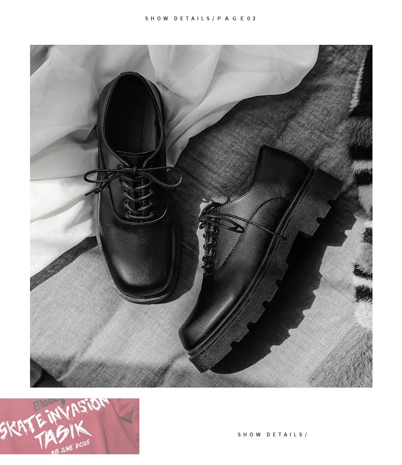 أحذية رجالية رسمية بكعب مسطح ورباط، لون موحد، نعل سميك، تصميم فريد وعصري، أحذية جلدية بأسلوب جديد