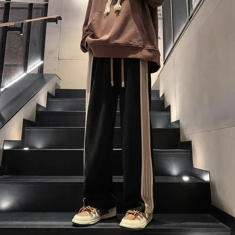 Street Fashion Trendautumn New Solid Side Stripe Straight Casual Pants Men's Pockets Drawstring Loose Versatile Sports Trousers