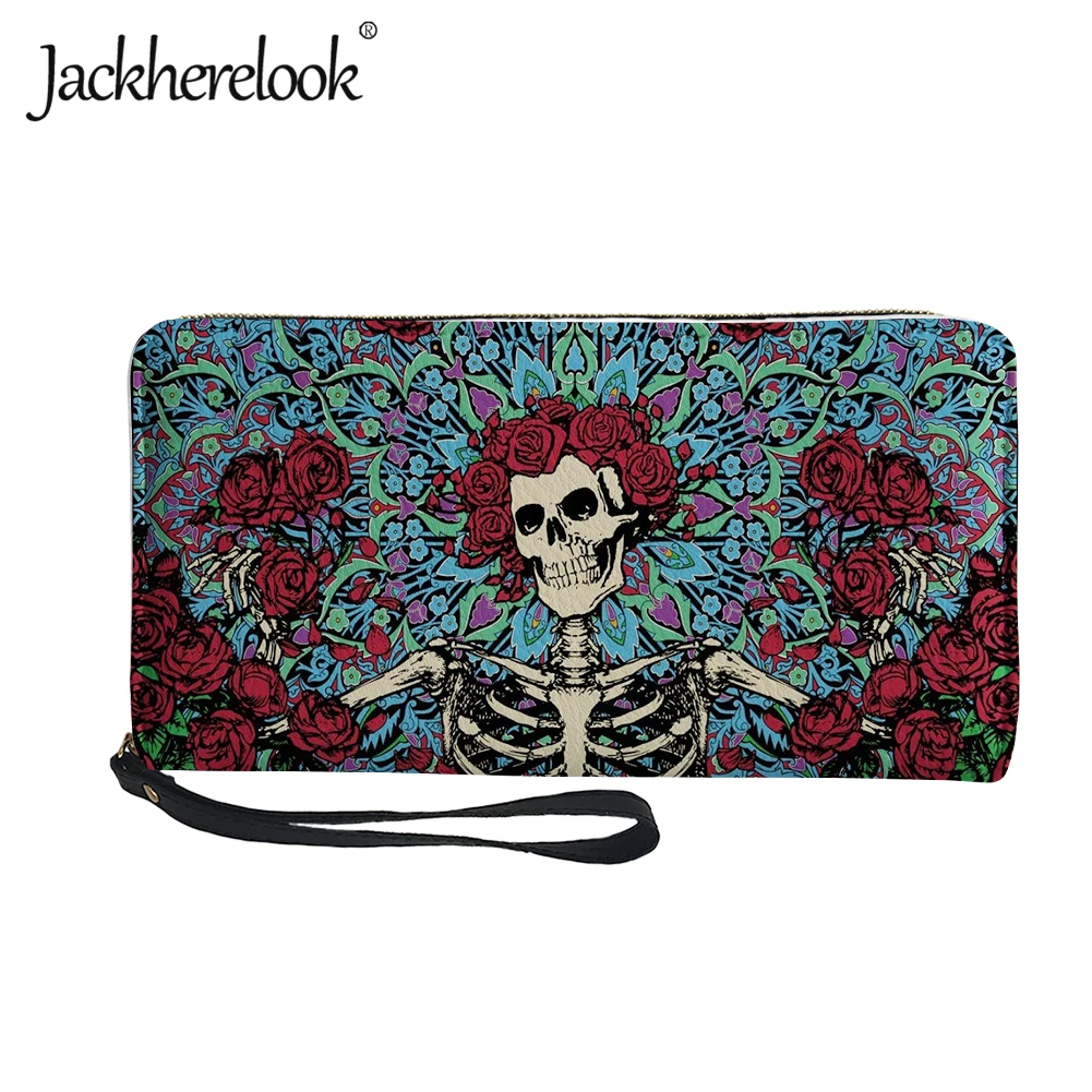 Jackherelook Gothic Boho Floral Skull Pattern Women Tote Wallet with Hasp 2022 Casual Lady Credit Card Holder Leather Money Bag