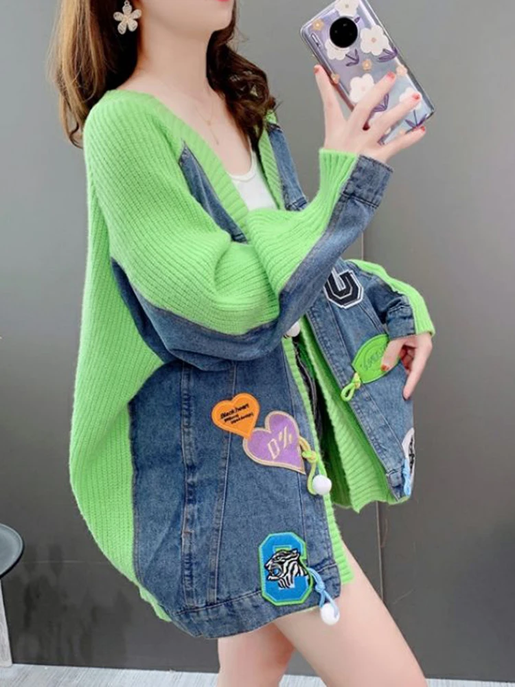 Loose Denim Patchwork Knit Jacket for Women - true deals club