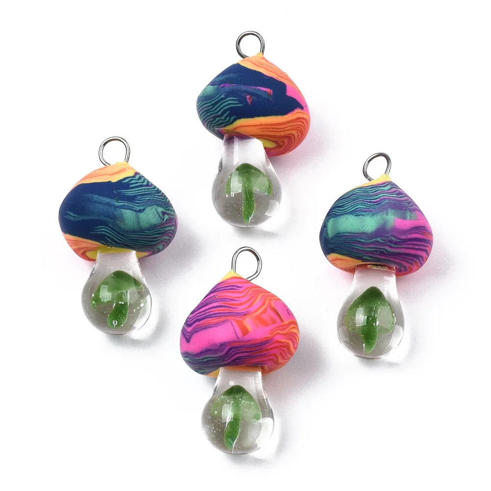 50Pcs Colorful Mushroom Polymer Clay Pendants with Mushroom Lampwork Pendant Charms for Women Necklace Jewelry Making DIY Supply