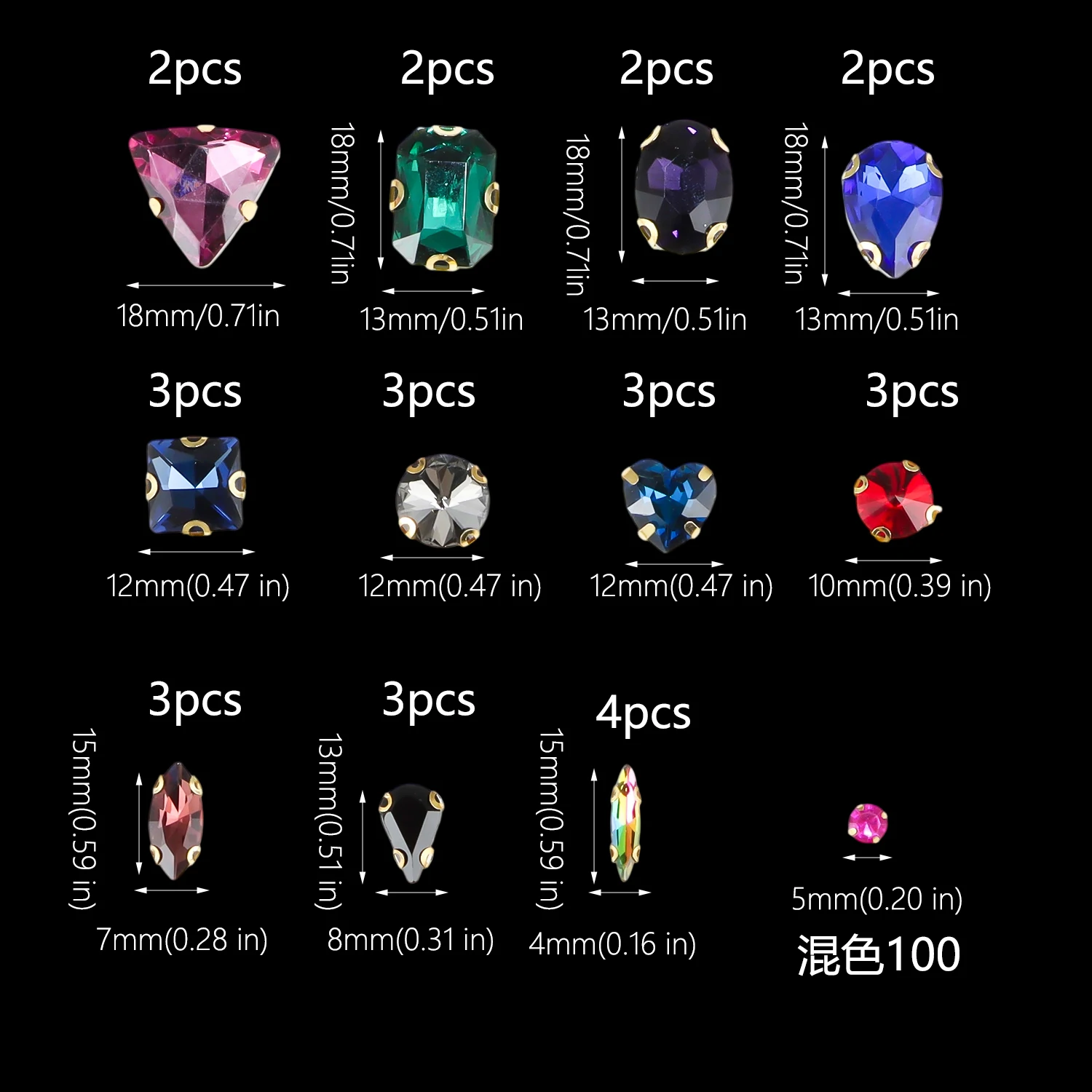 130pcs/lot Gold Claw Setting Glass Rhinestone Mixed Shape Sew On Crystal Stone Diamond for Wedding Dress Shoes Bags DIY Trim