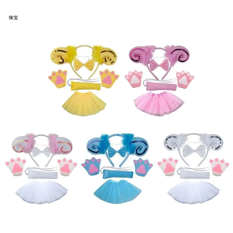 

X5QE 1/3/4/5 Sheep Costumes Kids Cosplays Sheep Ear Headbands Tail Bows Tutus Tail Glove Animal Fancy Costume Accessories