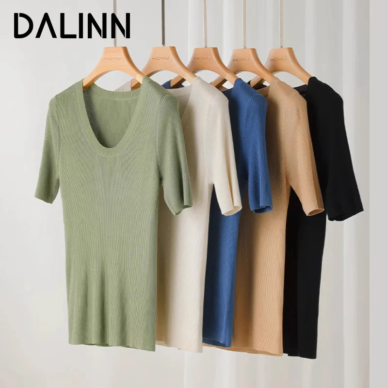 

Woman U Neck T Shirts Basic Short Sleeves 100%Lyocell Cozy Slim Tee 2023 Spring Summer New Knitted Top Khaki DALINN