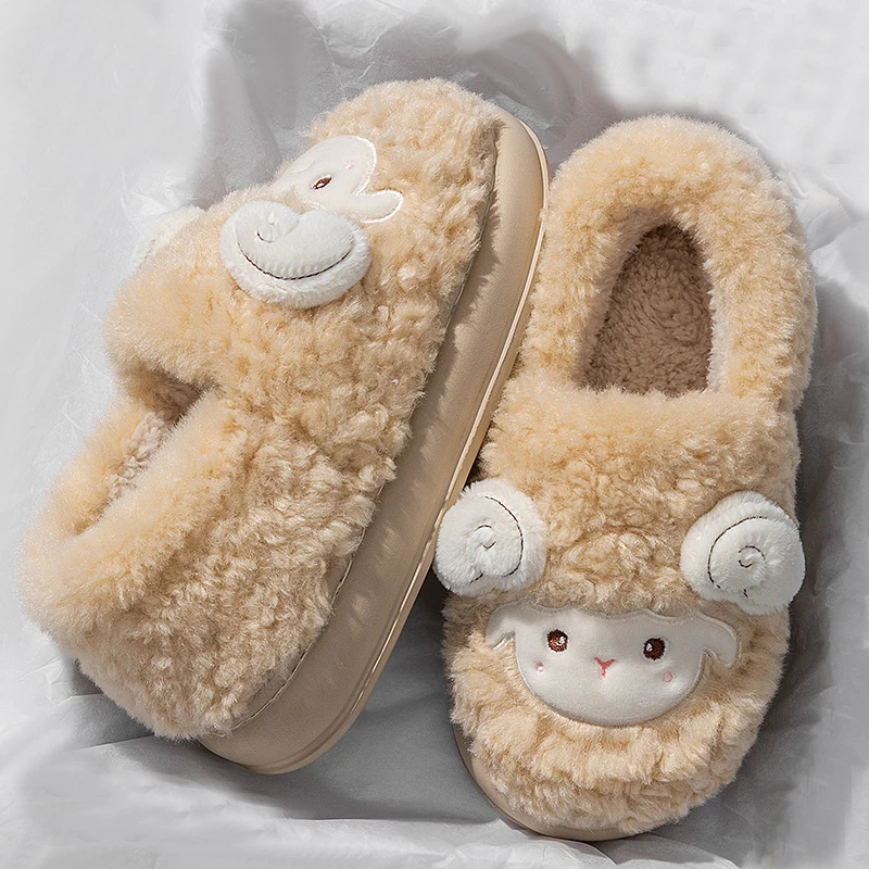 Cute Cartoon Lamb Cotton Slippers Women Indoor Warm Thicken Plush Home Slippers Woman Comfortable Non Slip Fluffy Slides Female