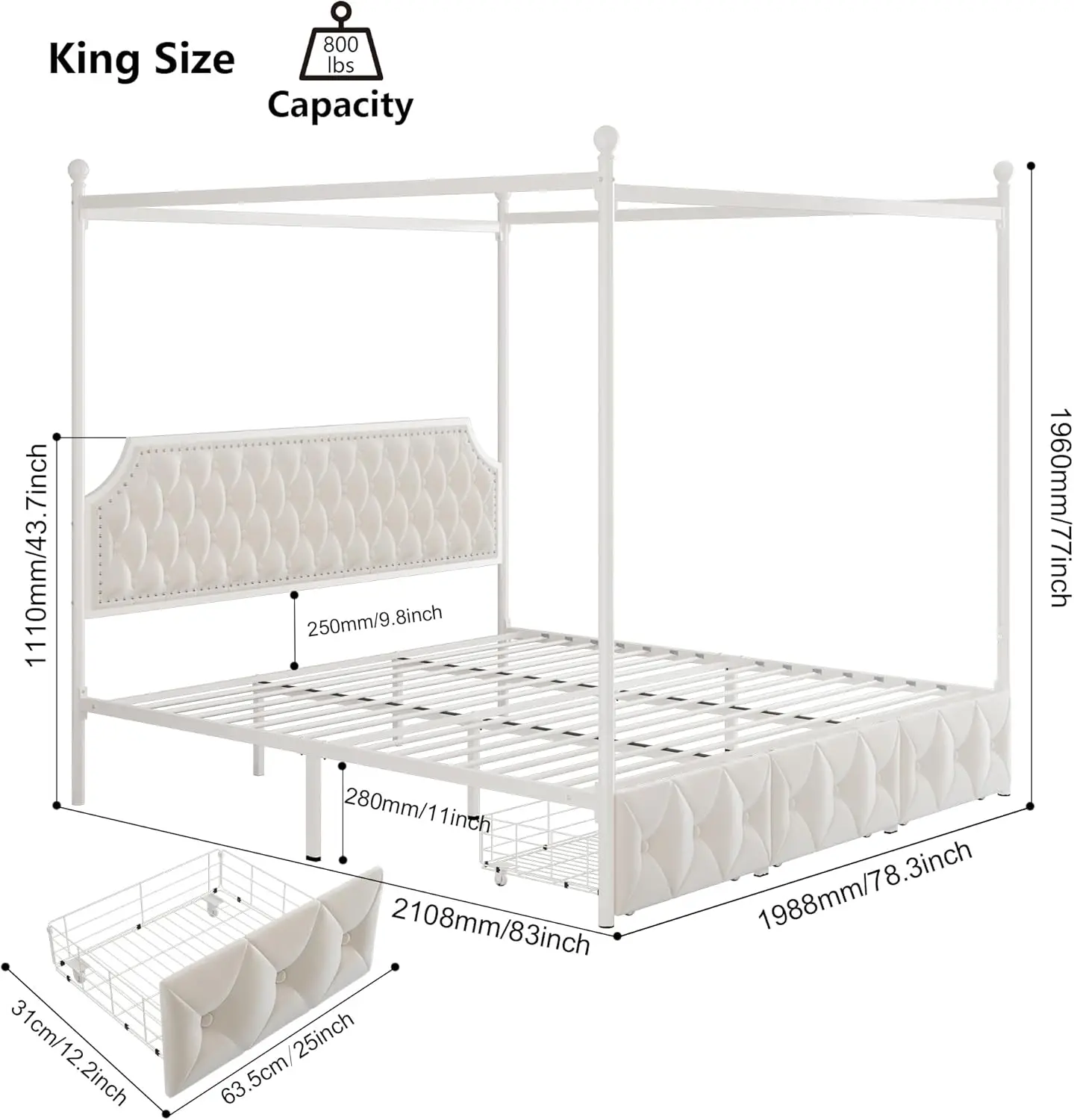 King Upholstered Canopy Bed Frame with 3 Drawers and Button Tufted Headboard, Metal Platform Bed with 4 Removable Posts