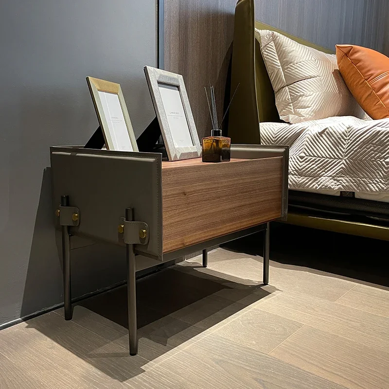 

Custom Italian minimalist bedside table, modern saddleback, light luxury, high-end bedroom walnut bedside table, designer furnit