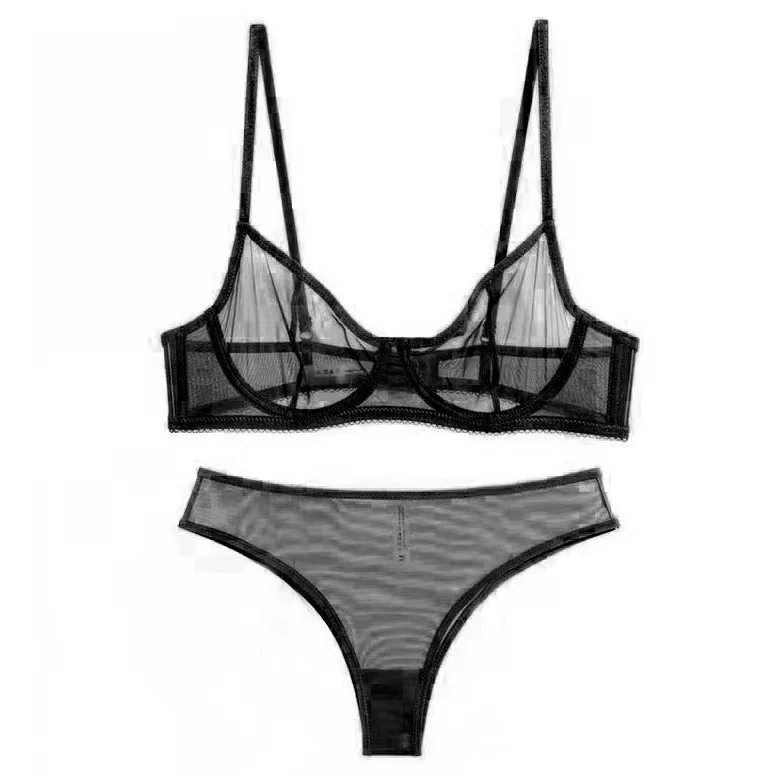Sexy lace mesh see-through bra briefs set triangle cup small chest gathered bra steel ring women's lingerie two-piece bralette