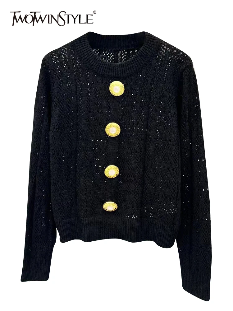 

TWOTWINSTYLE Solid Loose Knitting Sweaters For Women Round Neck Long Sleeves Patchwork Button Minimalist Pullover Sweater Female