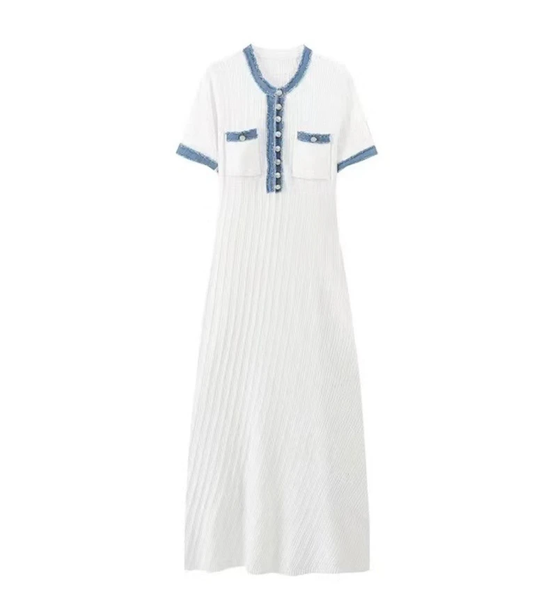 STYLISH LADY Denim Patchwork Knitted Dress 2025 Autumn Women Short Sleeve O Neck Button Bodycon Elegant OL Party Maxi Dresses