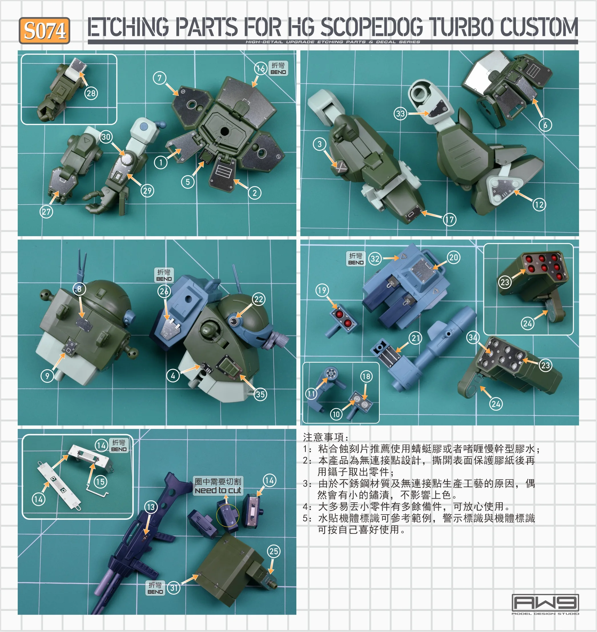 MADWORKS S74 HG SCOPEDOG TURBO CUSTOM 모델 애드온 부품용 고상세 업그레이드 에칭 부품 및 데칼