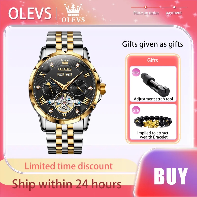 OLEVS Top Original Brand New Men's Watches Moon Phase Automatic Mechanical Watch Luminous Waterproof Date Dress Male Wristwatch automatic buckle canvas belts for man tactical military canvas men belts for jeans casual all match male straps