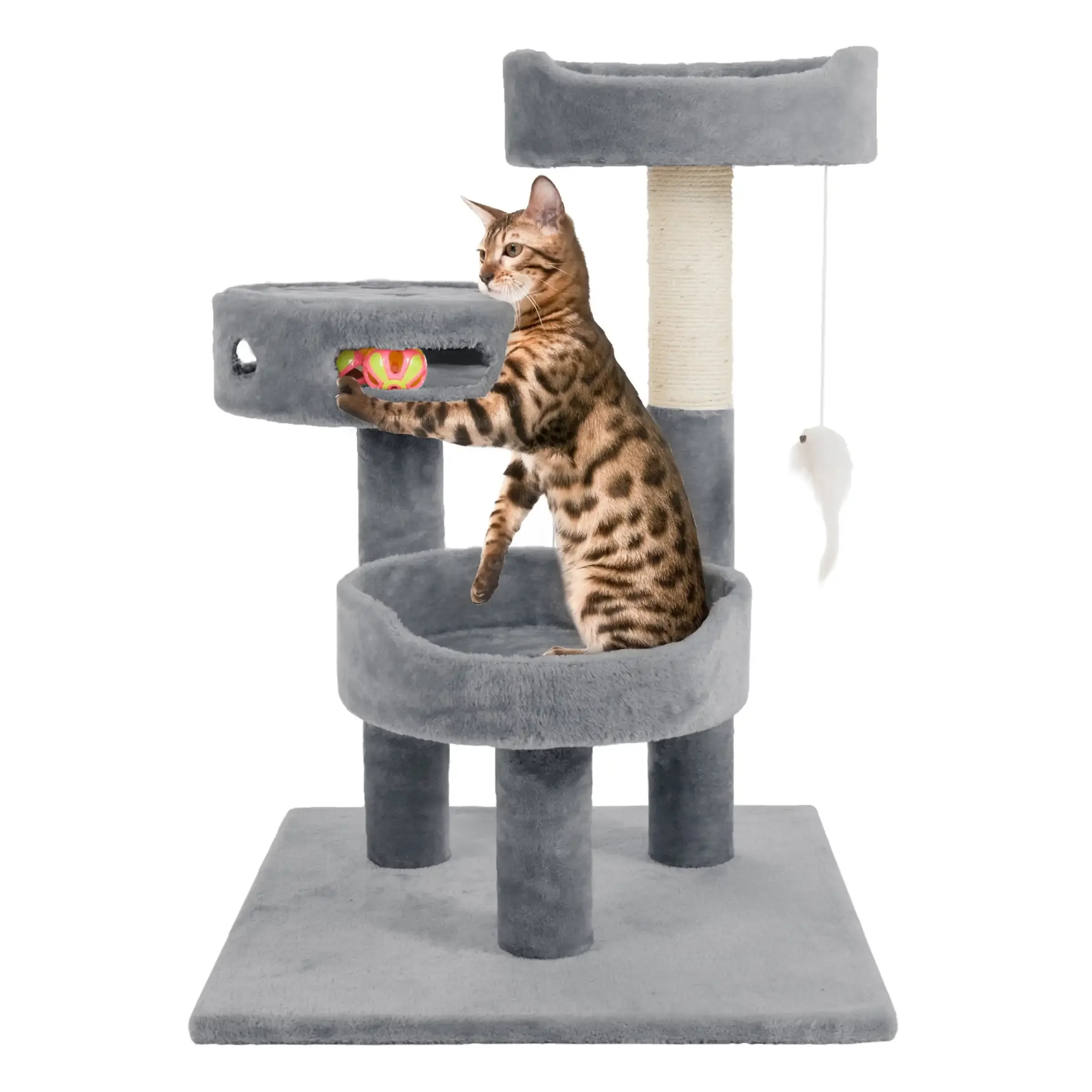 

3-Tier Cat Tower with Sisal Rope Scratching Post, 2 Carpeted Napping Perches, Hanging Mouse, and Interactive Toy for