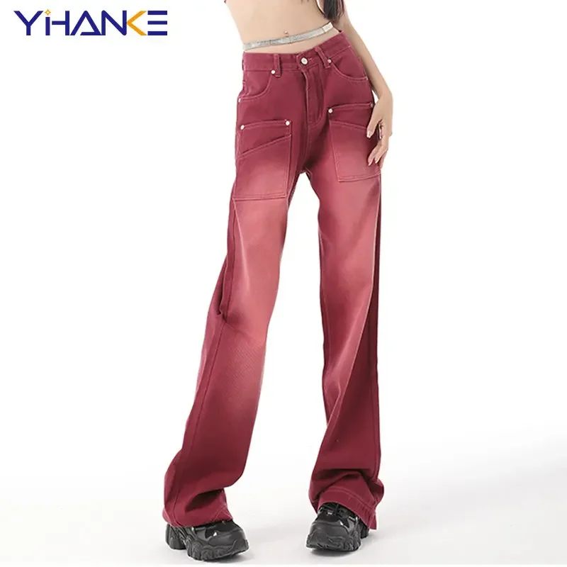 Boyfriend Style Street Clothing Autumn Loose Denim Jeans Female Jeans High Waist Y2k Old -style Loose Wide -leg Wine Red Pants