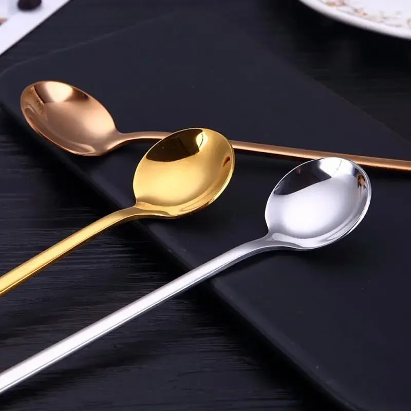 

1PC Stainless Steel Coffee Spoon Dessert Ice Cream Fruit Long Handle Teaspoons Round Shape Coffee Mixing Spoon Kitchen Tool