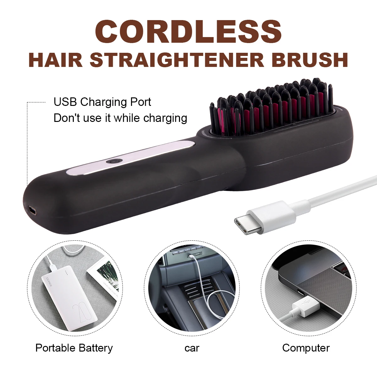 Cordless straightener comb, portable straightener comb, suitable for women, USB rechargeable, mini lightweight straightener 3