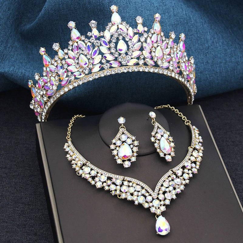 

Luxury AB Crown Bridal Jewelry Sets for Women Tiaras Chokers Necklace Earrings Wedding Dress Bride Dubai Jewelry Set