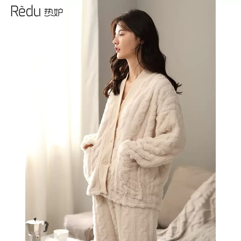 Пижама Redu Женская на осень-зиму, коралловый бархат, однотонный кардиган, бархатная утепленная одежда, Женская домашняя одежда для улицы