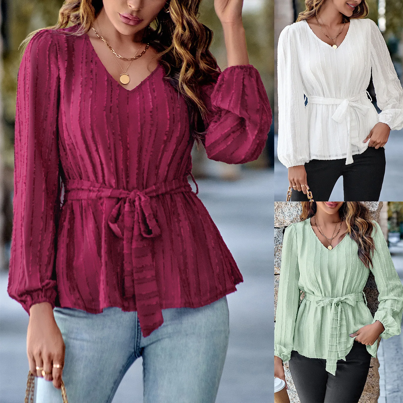 

V-neck, waist, slim, long-sleeved and best-selling blouse woman