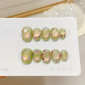 10pcs Handmade Press on Nails Cat's Eye Wreath Glitter False Nail Short Ladder Detachable Wearable Nail Art for Women and Girl