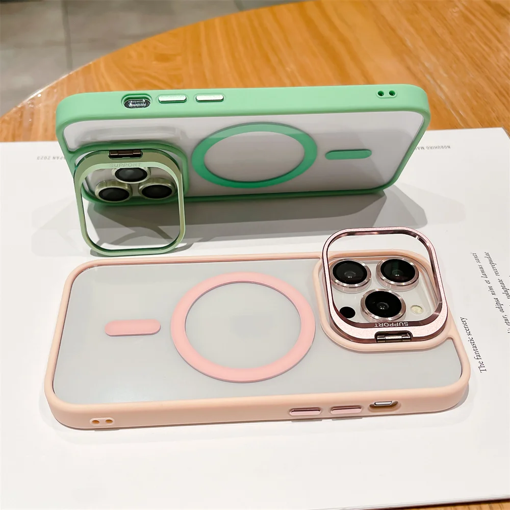 Premium Magnetic Stand Glass Lens Protection Phone Case with Magsafe Compatibility and Shockproof Design