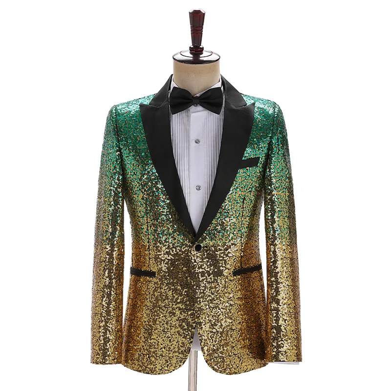Luxury Gradient Sequin Suit Jacket Men Long Sleeve One Button Bar Stage Prom Party Cotume Black Gold Fashion Male Banquet Blazer