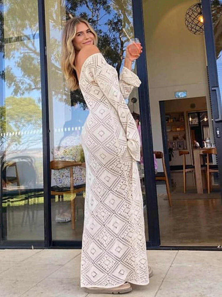 Knitted Hollow Out Women‘s Dress Long Sleeve V-neck Solid Geometric Perspective Sexy Dresses Autumn Spicy Ladies Beach Vestidos