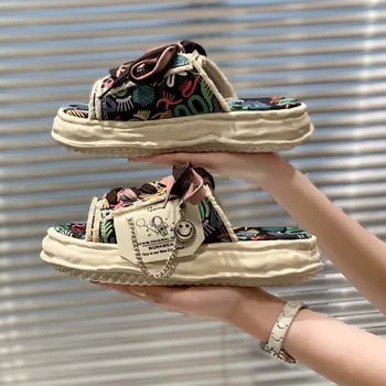 ⁦2023 Women Canvas Slippers Summer Denim Lace Up Flat Designer Slippers Outdoor Casual Shoes Ladies Platform Open Toe Sandals⁩ – תמונה ⁦3⁩