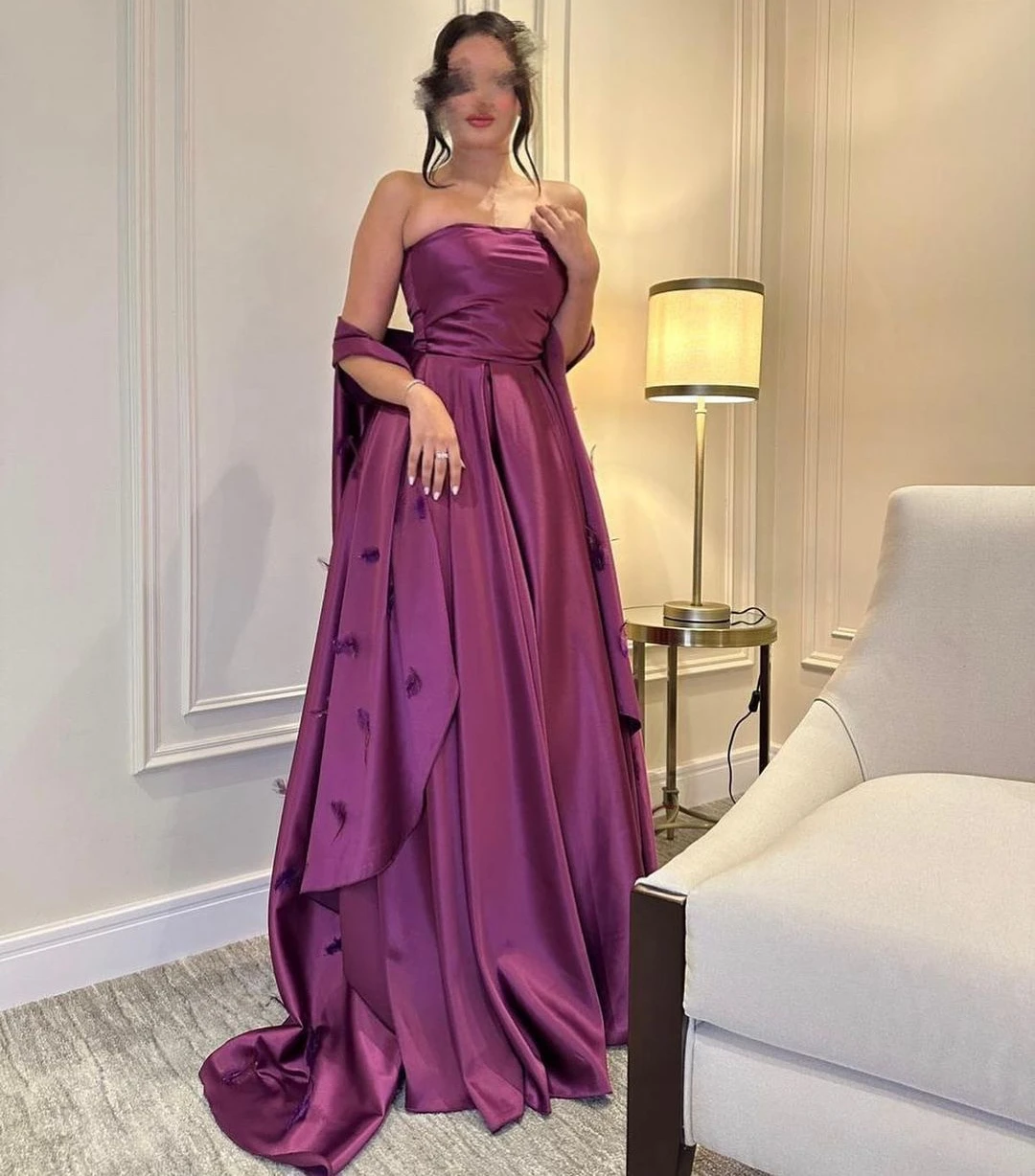 

Fashionvane Dubai Women Wear Strapless Prom Dresses Wraps Appliqué Long Ruched Satin Evening Party Saudi Arabia Ladies Vestidos