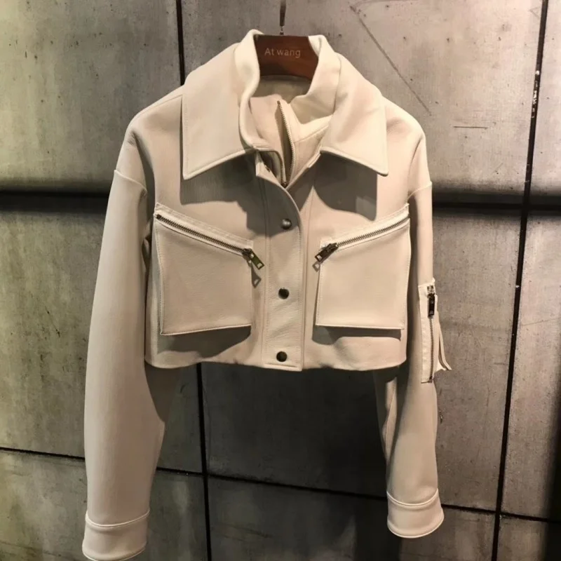 Genuine designer leather jacket office girl lambskin coat fine autumn with pockets short white clothing |