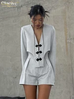 Clacive Fashion Stripe Print 2 Piece Sets Women Elegant Slim Long Sleeve Irregular Top With High Waist Shorts Set Streetwear