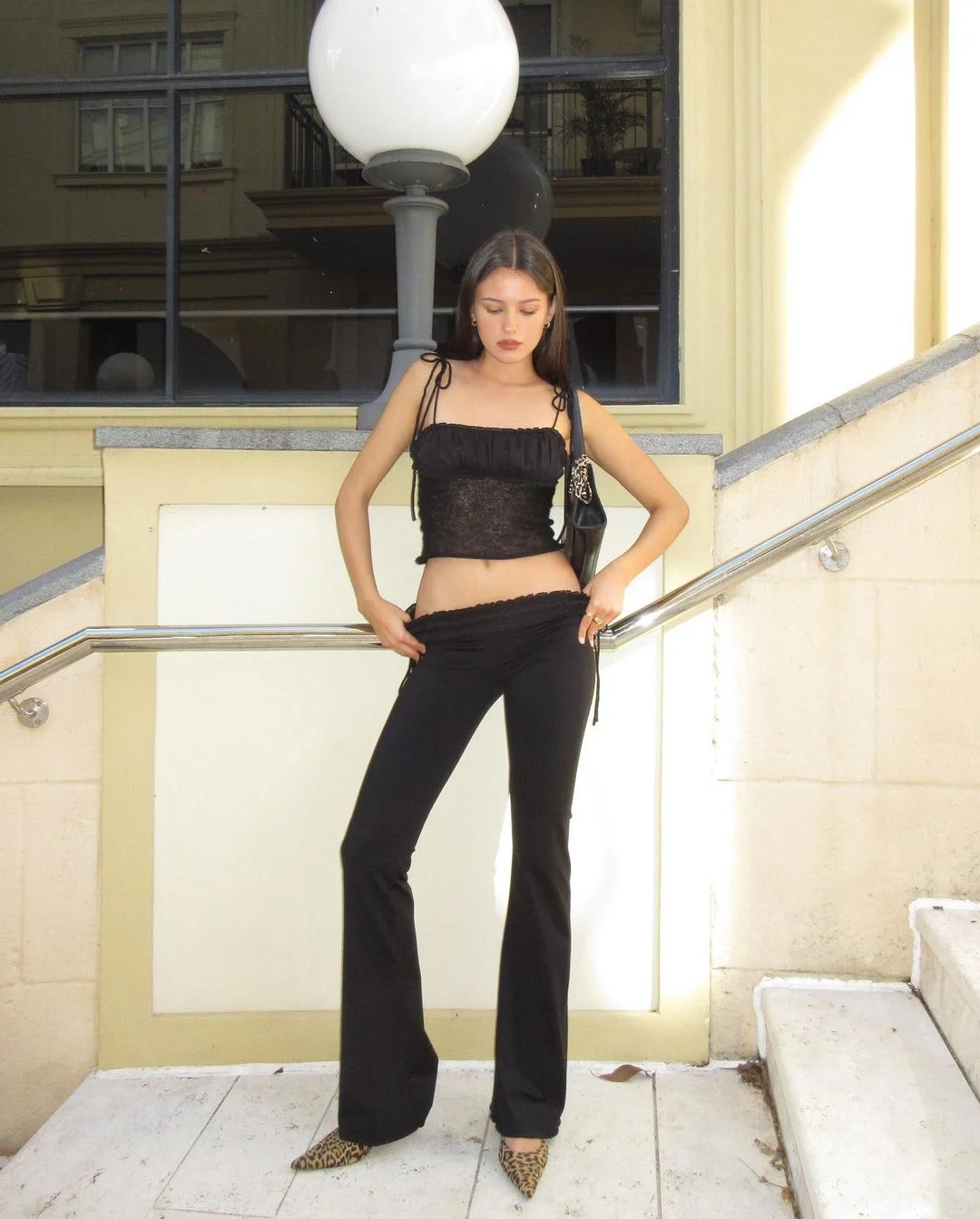 

Women Guizio Y2K Fall Low Rise Silhouette Ruffled Chiffon Waist Ruched Side Tie Stretch Pant