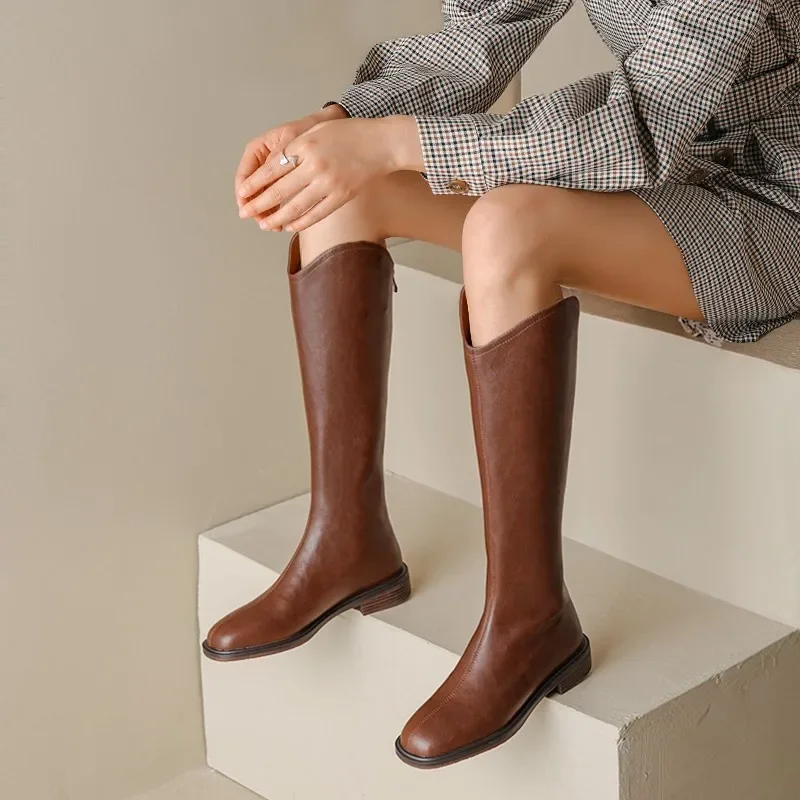 

Women Knee-high Boots Genuine Leather Natural Leather Ladies Bootie Autumn and Winter Velvet Western Goth Shoes