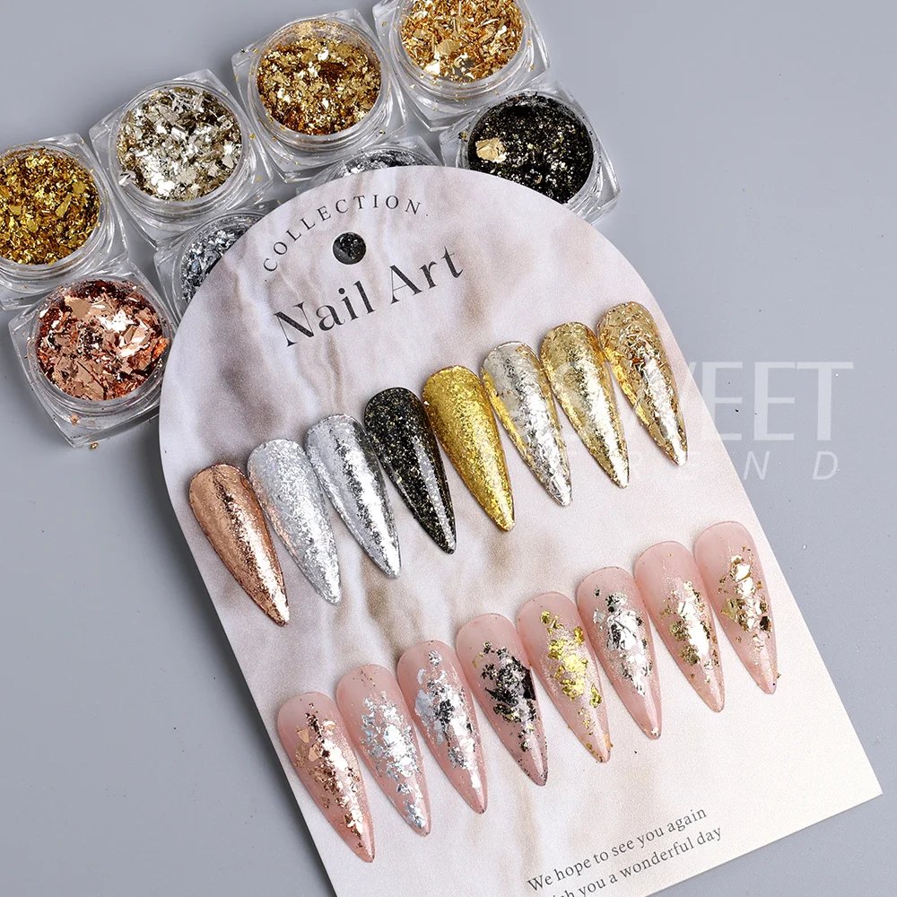 8pcs Rose Gold Silver Black Irregular Foil Paper Fragments Nail Flakes Gold Foils Nail Sequin Sticker Glitter DIY Manicure Decor