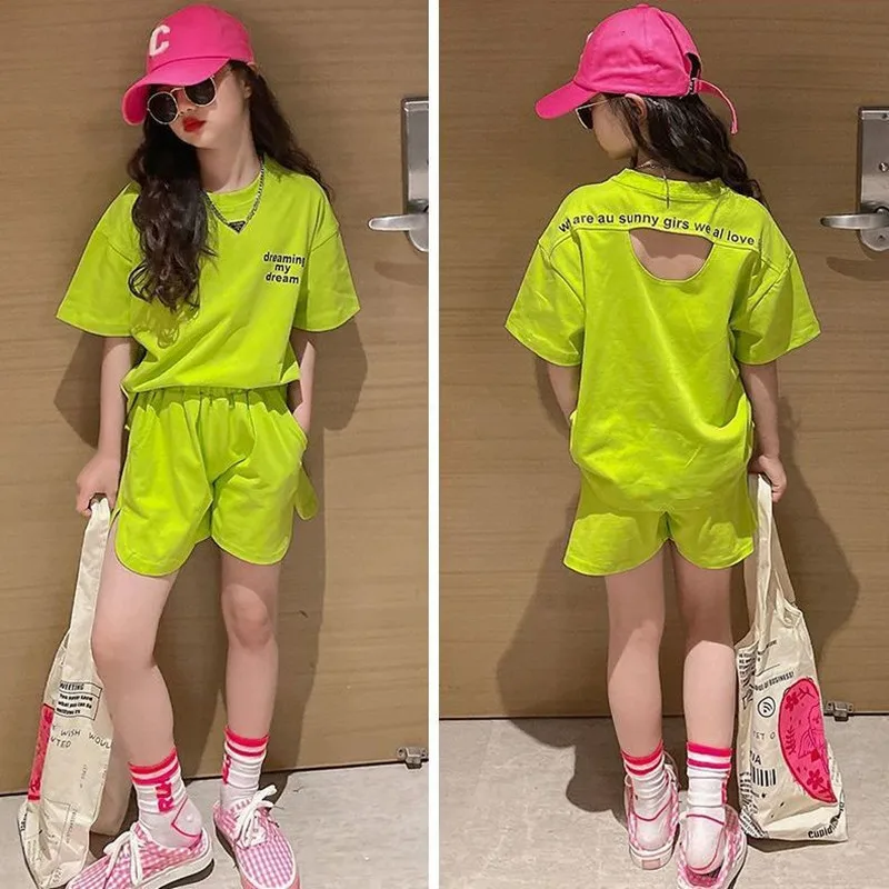 

2023 New Children Short Sleeve Top +shorts 2pc Girls Summer Suit Teen Sportswear Girls Clothes Sets Boutique Kids Clothing 4-12Y