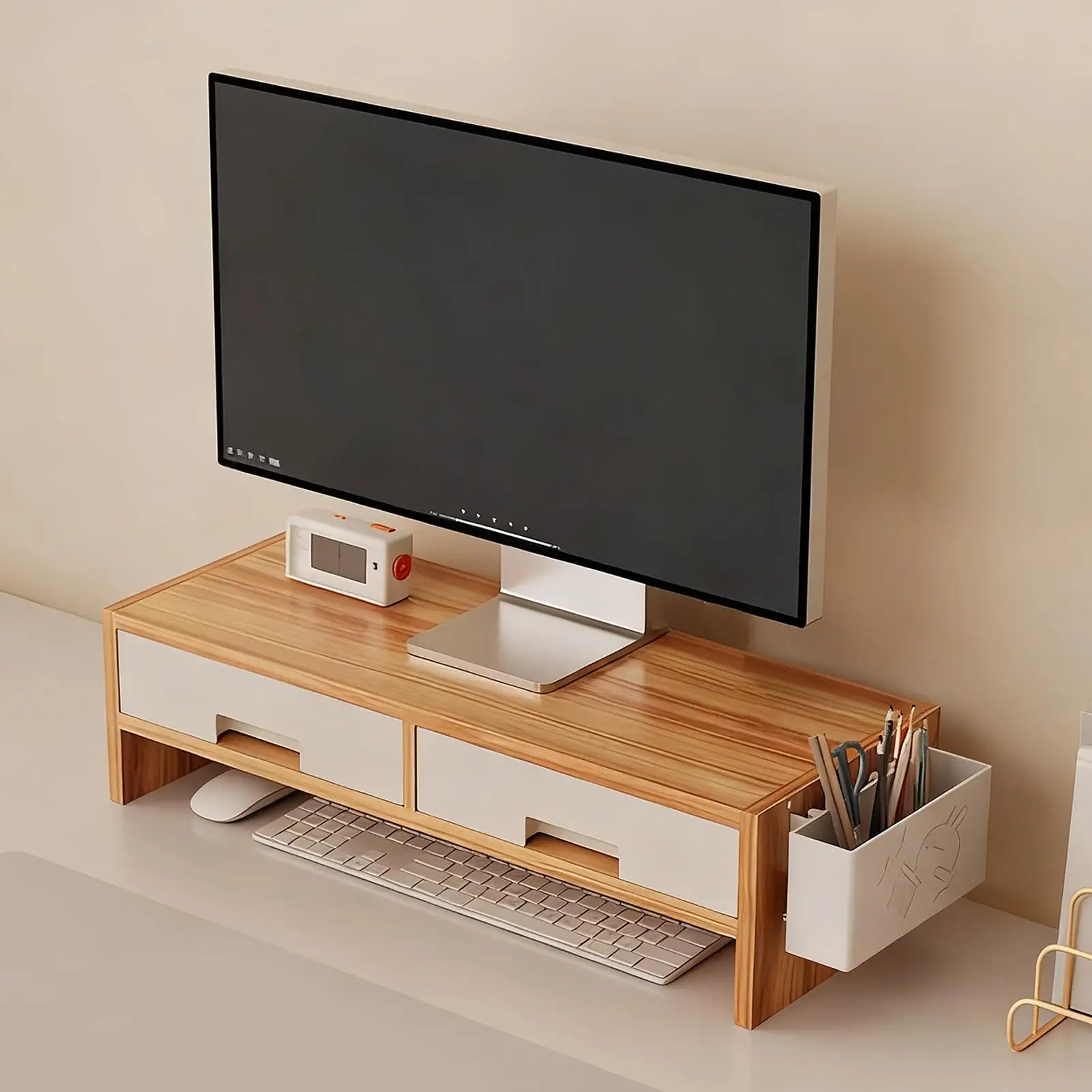 Supporto per monitor da scrivania Riser Doppio cassetto Organizzatore ergonomico Riser per monitor da scrivania per computer per amici di famiglia Uffici domestici per interni - immagine 4