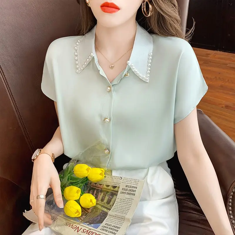 Elegant Lapel Button Solid Color Beading Chiffon Shirts Women Clothing 2024 Summer New Loose All-match Tops Office Lady Blouses