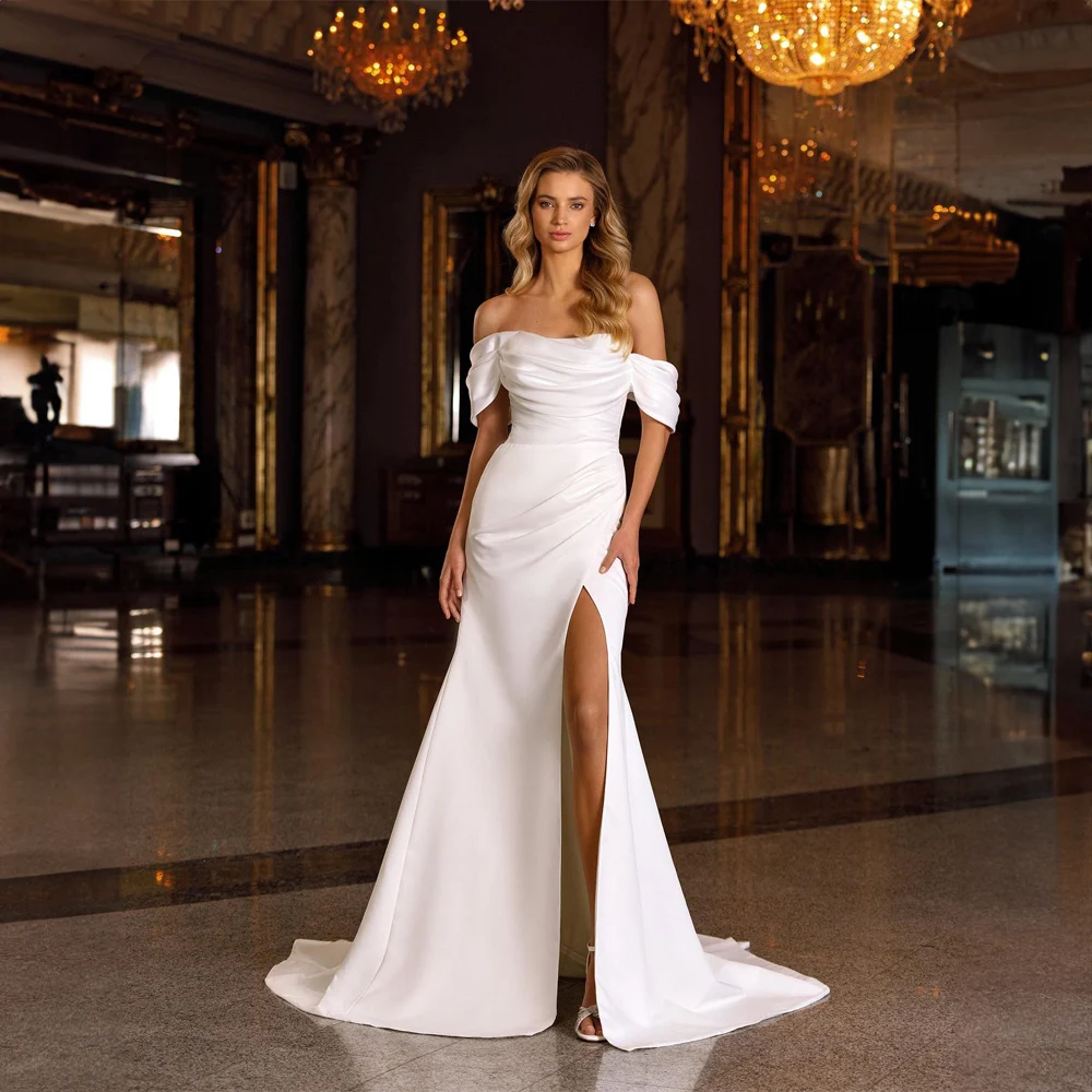 

Classic Off the Shoulder Pleated Wedding Dress Sheath Court Side High Split Wedding Gown for Bride فساتين السهرة