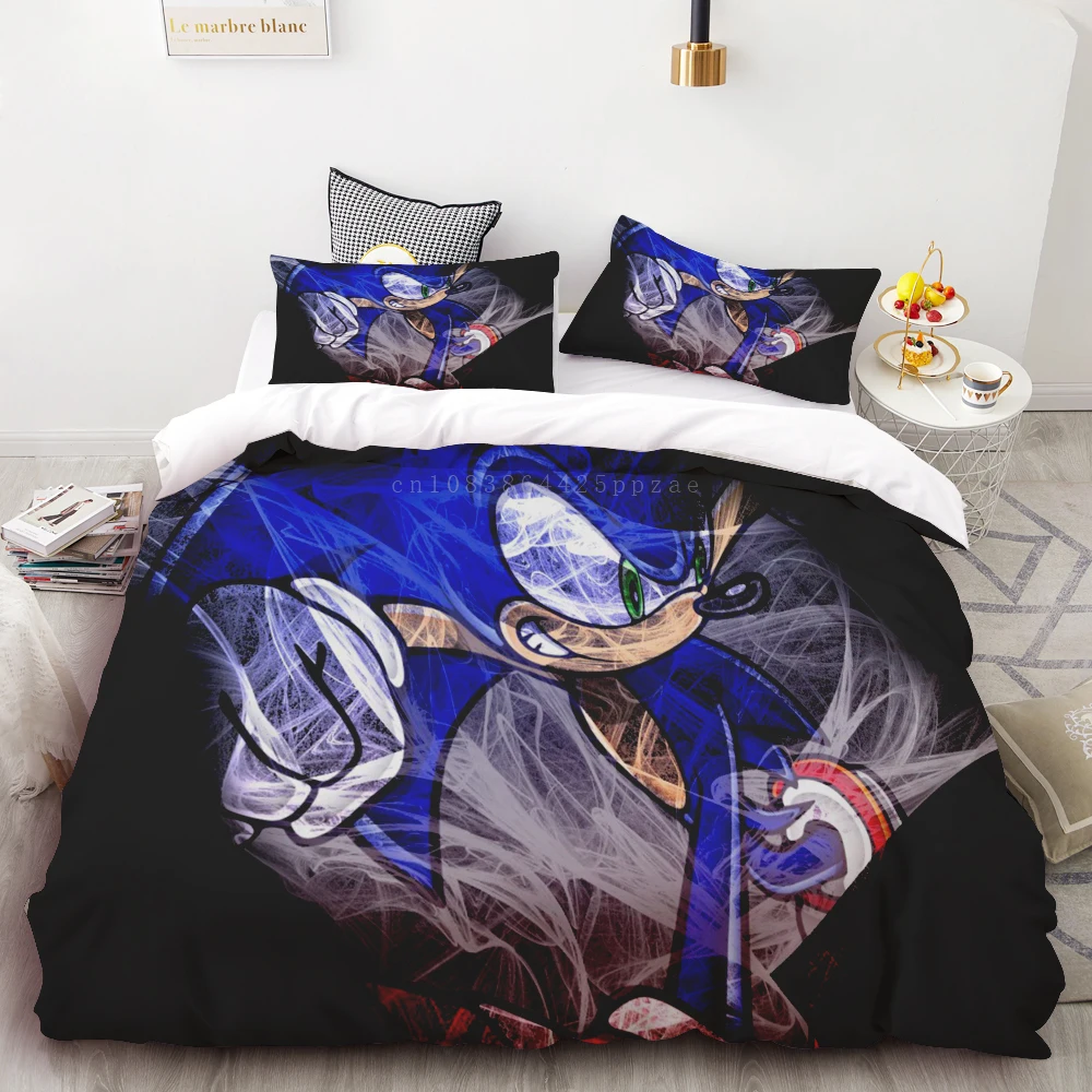 thumbnail image 1 of Juego de funda nórdica de 3 piezas con estampado de animación digital 3D de Sonic, suave, textil para el hogar, 100 % poliéster, tamaño king, regalo para adolescentes, decoración del hogar, 1 of 4