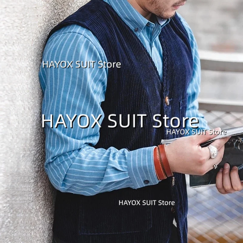Men's Suit Vest Slim Fit Single Breasted V-Neck Corduroy Fashion Vintage Sleeveless Jackets Wedding Street Shoot Chalecos 4