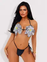 Shiny Sequin Bikini Set Women Sexy 3D Floral Black Push Up Crop Bra Thong Swimsuit 2025 Brazilian Bathing Suit Micro Swimwear 1
