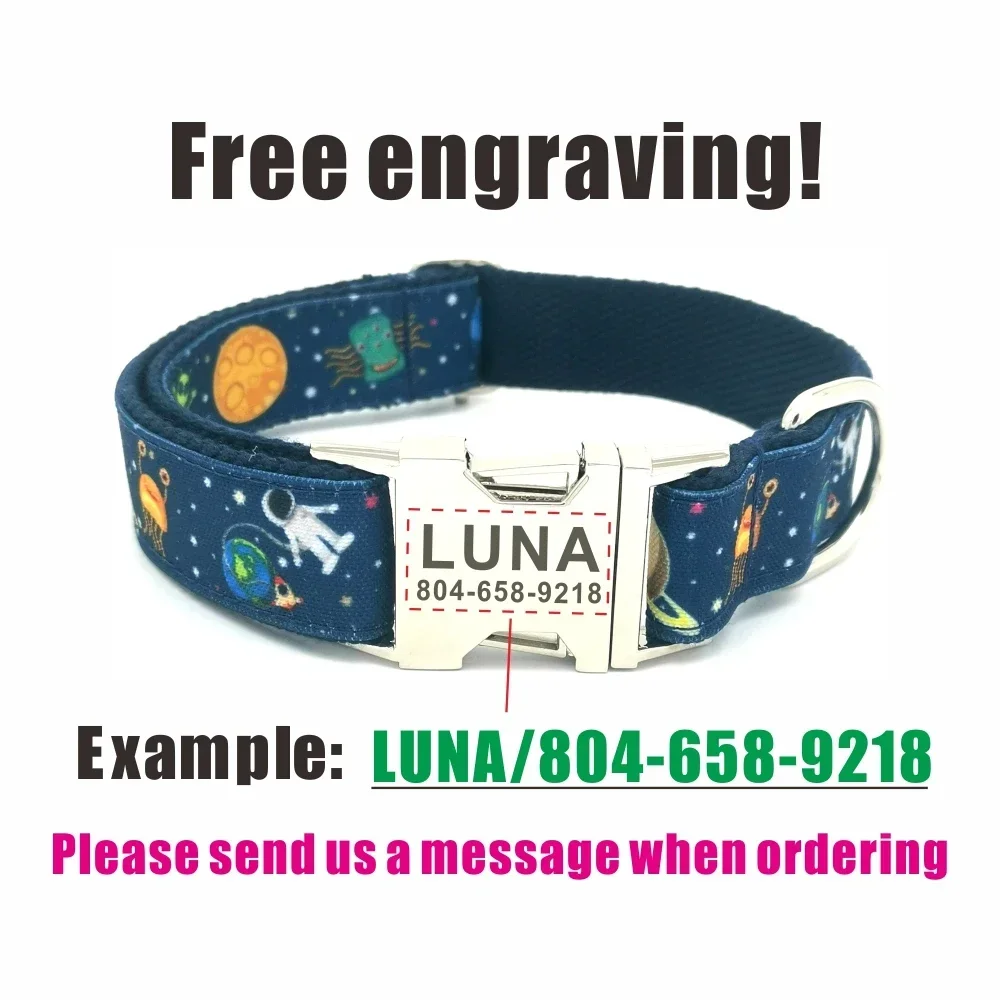 Personalized Space Monster Pet Collar Durable Puppy Name ID Tag Adjustable Rocket Planet Alien Basic Dog Collar Leash Dog Collar Pet Harness Leash Set Pet Harness Set Pet Leash Set