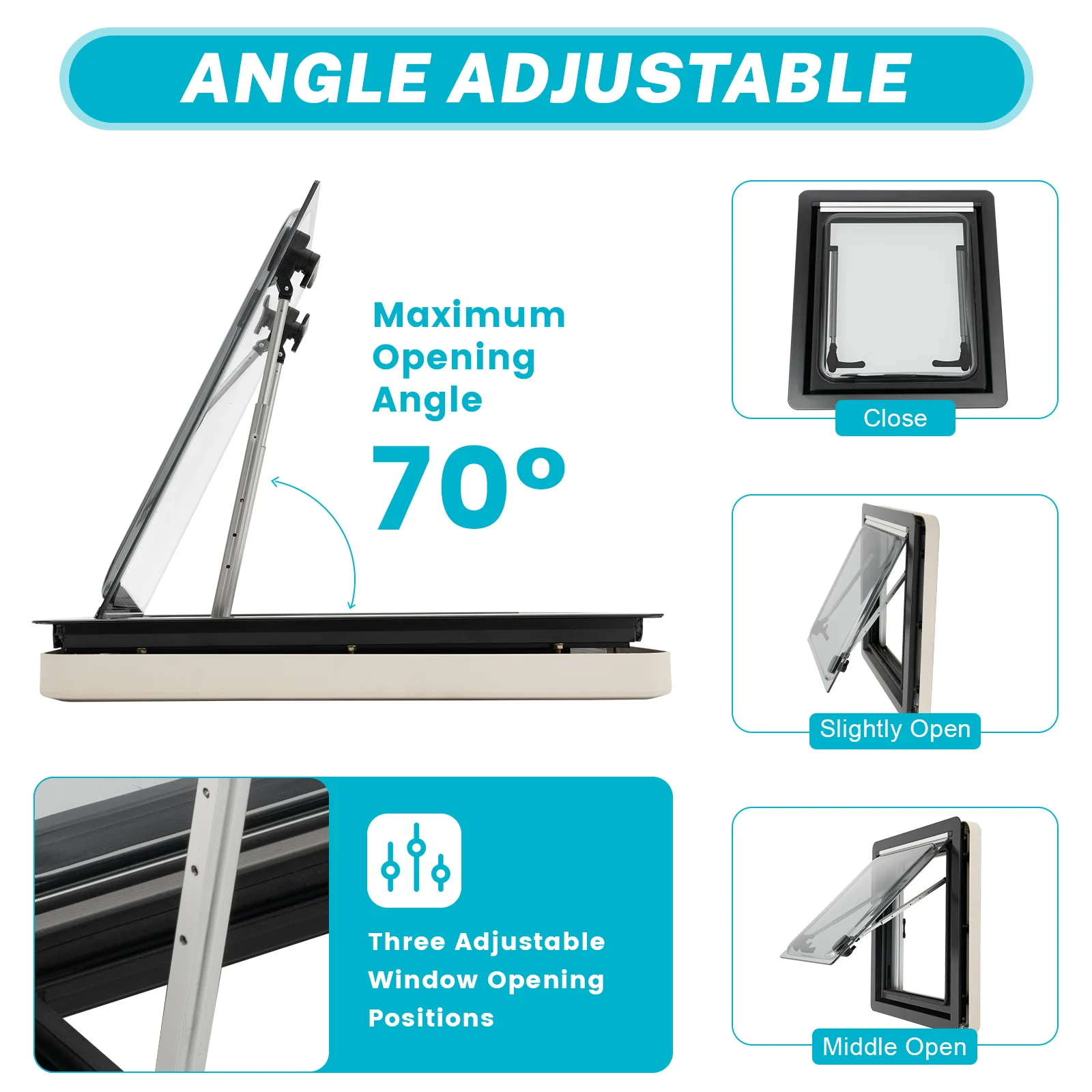 450*500mm Wohnwagen-Lüftungsfenster, Dachfenster aus Aluminiumlegierung, Schiebefenster für Wohnmobile und Camper 70 ° Öffnungswinkel für Camper – Detail 8